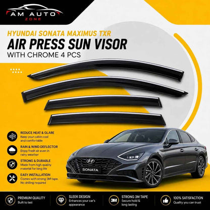 Hyundai Sonata Maximus TXR Air Press Sun Visor with Chrome 4PCS | Window Wind Deflectors | Hyundai Sonata 2020 2021 2022 2023 2024 2025 | AM Auto Zone