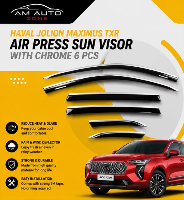 Haval Jolion Maximus TXR Air Press Sun Visor with Chrome 6PCS | Rain Guard Window Visor Deflectors | AM Auto Zone