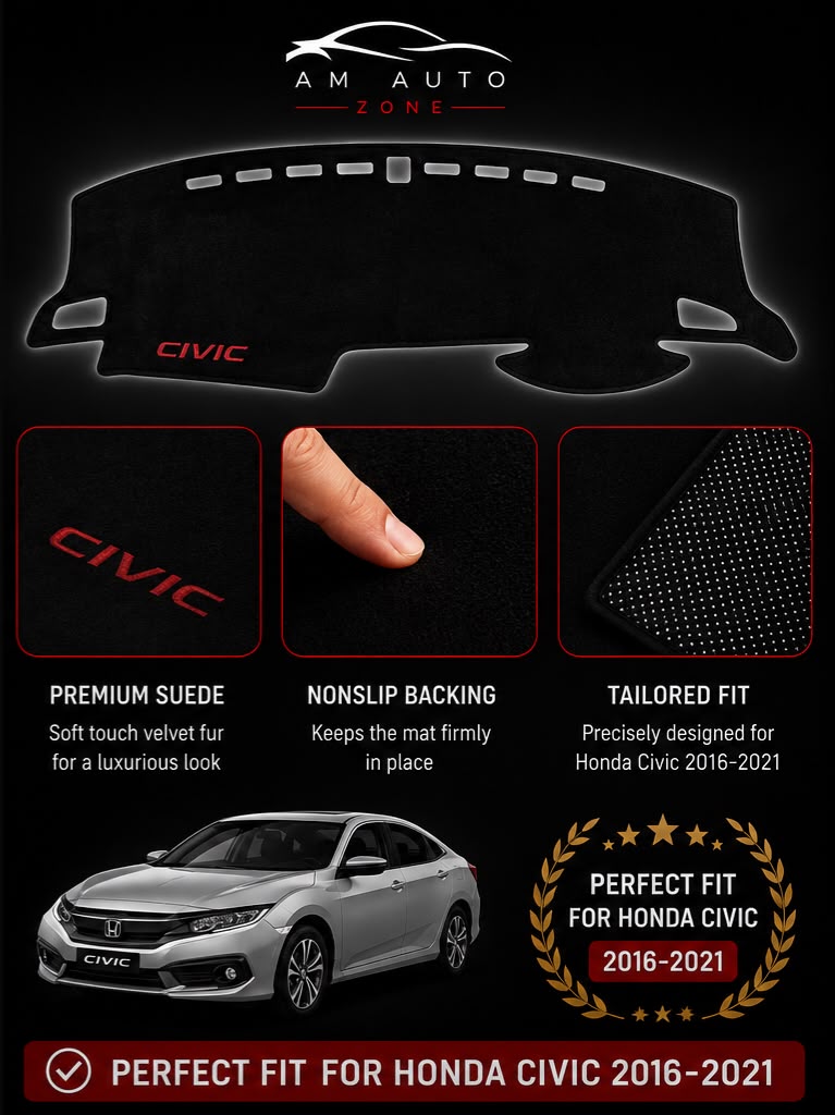 Honda Civic Dashboard Mat 2016–2017-2018-2019-2020-2021 | Premium Suede Non-Slip Velvet Fur | AM Auto Zone