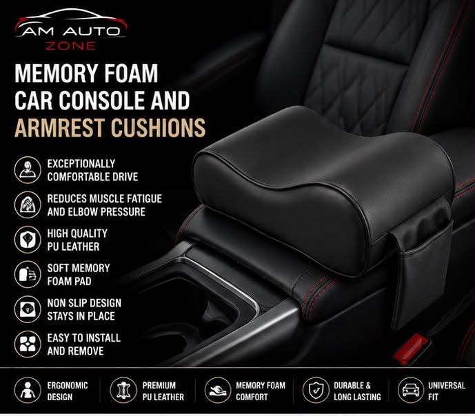 Universal Car Armrest Cushion | Memory Foam PU Leather with Side Storage Pocket
