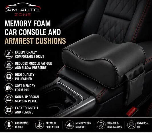Universal Car Armrest Cushion | Memory Foam PU Leather with Side Storage Pocket