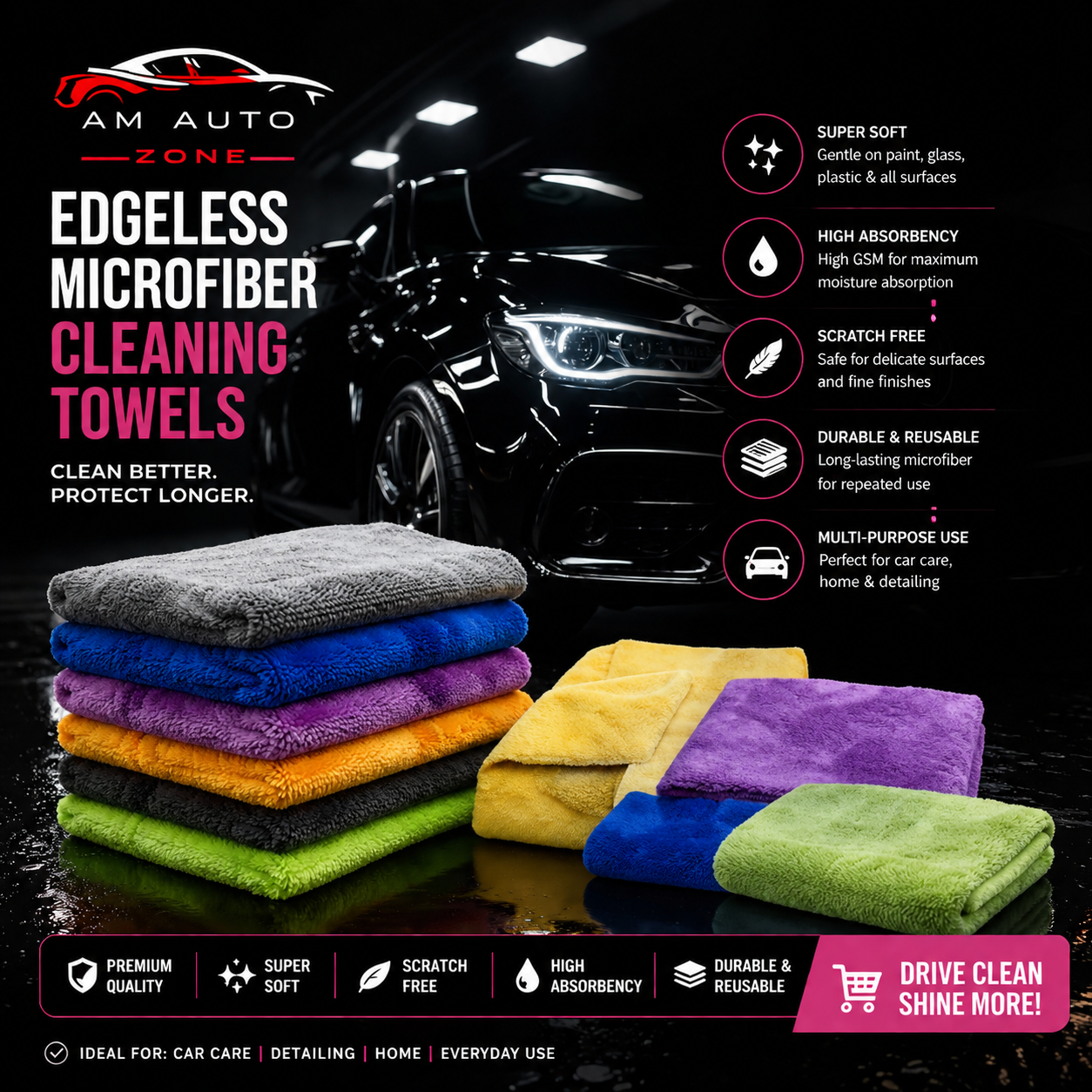AM Auto Zone Edgeless Microfiber Cleaning Towels – Ultra Soft Car Detailing Cloth | Scratch-Free | High Absorbency 40x40 450 gsm