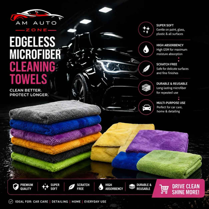 AM Auto Zone Edgeless Microfiber Cleaning Towels – Ultra Soft Car Detailing Cloth | Scratch-Free | High Absorbency 40x40 450 gsm
