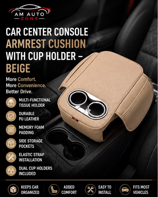 Universal Car Armrest Cushion with Dual Cup Holders | Tissue Box & Storage | Beige