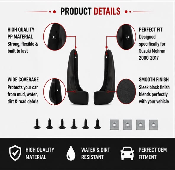 Suzuki Mehran Mud Flaps Set 2000 2001 2002 2003 2004 2005 2006 2007 2008 2009 2010 2011 2012 2013 2014 2015 2016 2017 | Front & Rear Splash Guards