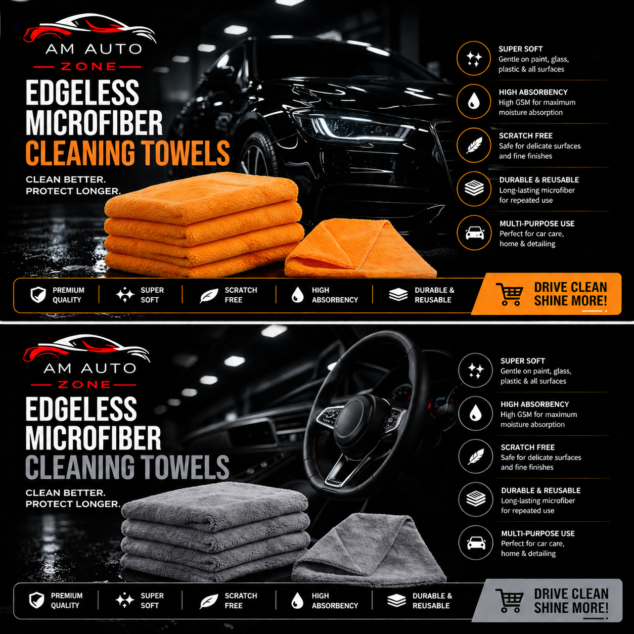 AM Auto Zone Edgeless Microfiber Cleaning Towels – Ultra Soft Car Detailing Cloth | Scratch-Free | High Absorbency 40x40 450 gsm