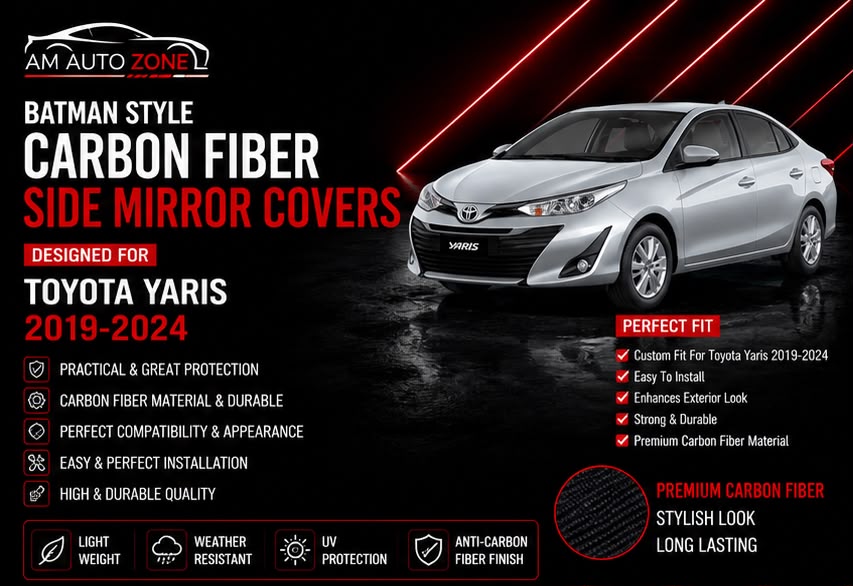 Batman Style Carbon Fiber Side Mirror Covers for Toyota Yaris 2019, 2020, 2021, 2022, 2023 & 2024 | Premium ABS Mirror Caps | AM Auto Zone