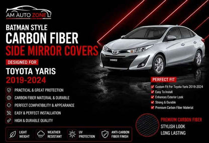 Batman Style Carbon Fiber Side Mirror Covers for Toyota Yaris 2019, 2020, 2021, 2022, 2023 & 2024 | Premium ABS Mirror Caps | AM Auto Zone