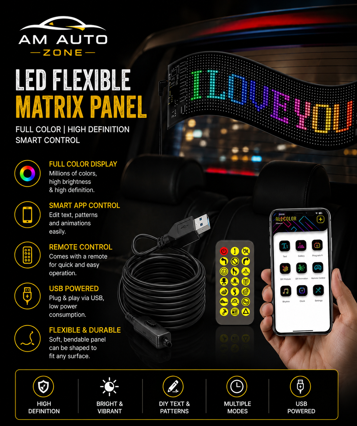 AM Auto Zone LED Flexible Matrix Display Panel – Smart App Controlled RGB Car LED Sign | USB Powered | Full Color HD Display 17.3 × 7.0 cm