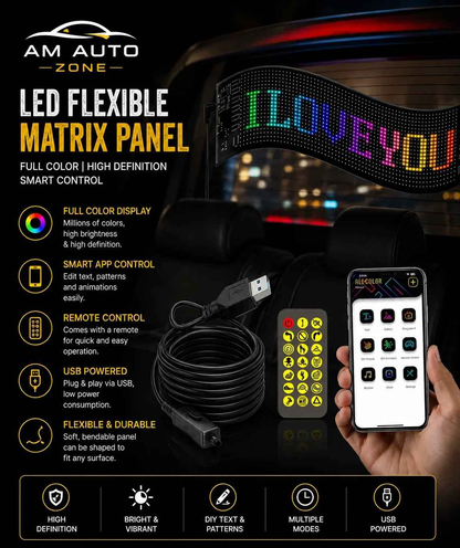 AM Auto Zone LED Flexible Matrix Display Panel – Smart App Controlled RGB Car LED Sign | USB Powered | Full Color HD Display 17.3 × 7.0 cm
