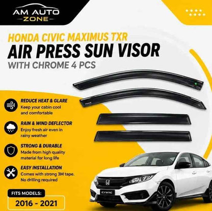 Honda Civic Maximus TXR 2016, 2017, 2018, 2019, 2020, 2021 Air Press Sun Visor | With Chrome | 4 PCS | Rain & Wind Deflector