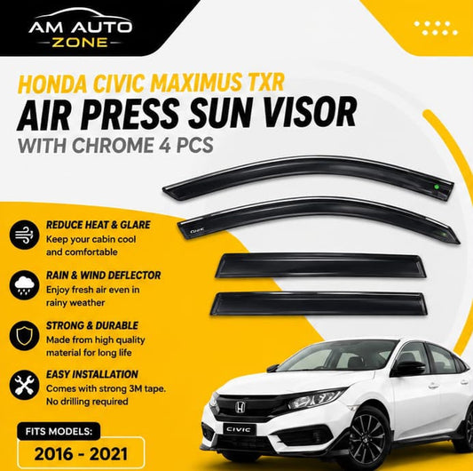 Honda Civic Maximus TXR 2016, 2017, 2018, 2019, 2020, 2021 Air Press Sun Visor | With Chrome | 4 PCS | Rain & Wind Deflector