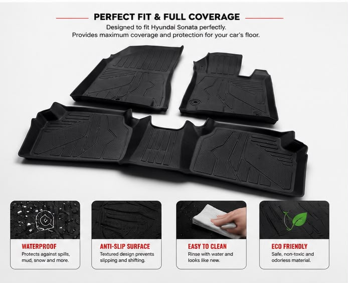 Hyundai Sonata TPE Floor Mats | Premium 3D Custom Fit All Weather Car Floor Liners | Hyundai Sonata 2020, 2021, 2022, 2023, 2024 & 2025 | AM Auto Zone