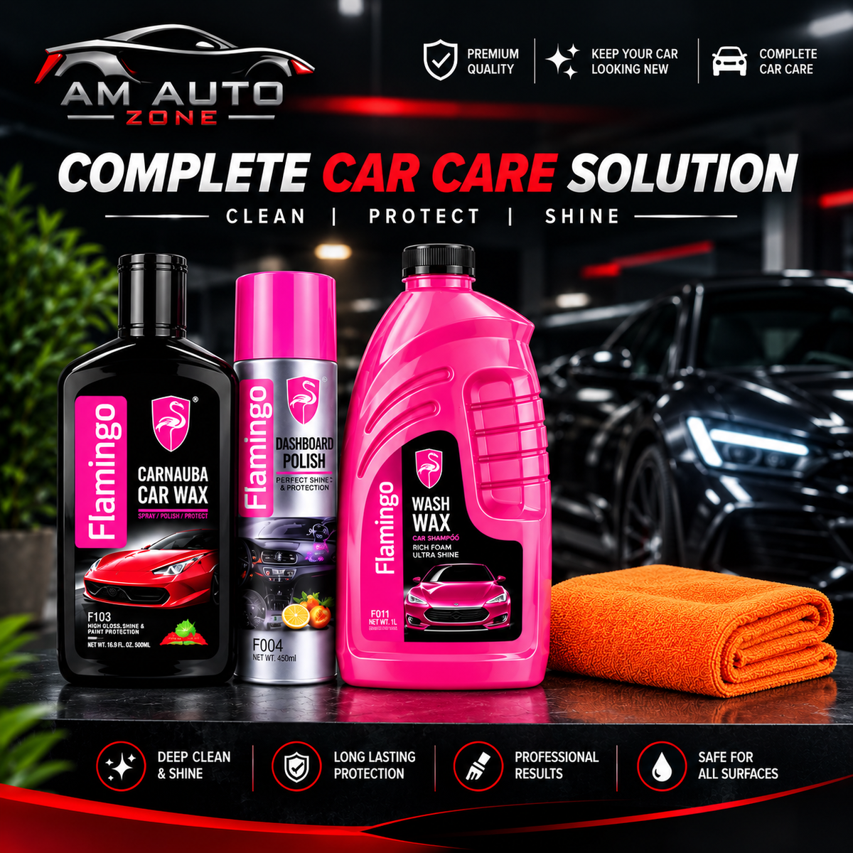 Flamingo Car Care Kit | Car Wax, Dashboard Polish & Wash Wax Combo - AM Auto Zone