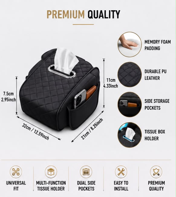Car Center Console Armrest Cushion with Tissue Box Holder | Black
