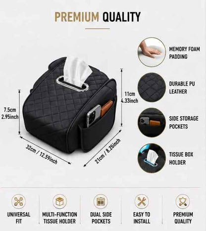 Car Center Console Armrest Cushion with Tissue Box Holder | Black