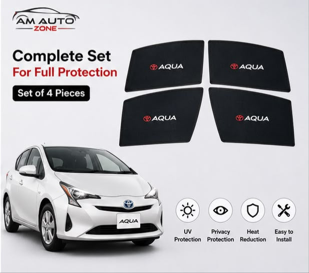 Toyota Aqua Foldable & Flexible Magnetic Side Sun Shades with Logo – Set of 4 | Model Years 2012, 2013, 2014, 2015, 2016, 2017, 2018, 2019 & 2020