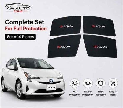 Toyota Aqua Foldable & Flexible Magnetic Side Sun Shades with Logo – Set of 4 | Model Years 2012, 2013, 2014, 2015, 2016, 2017, 2018, 2019 & 2020