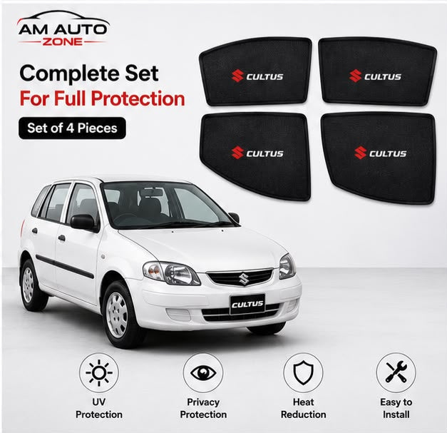 Suzuki Cultus Foldable & Flexible Side Sun Shades with Logo | Set of 4 | 2007–2017