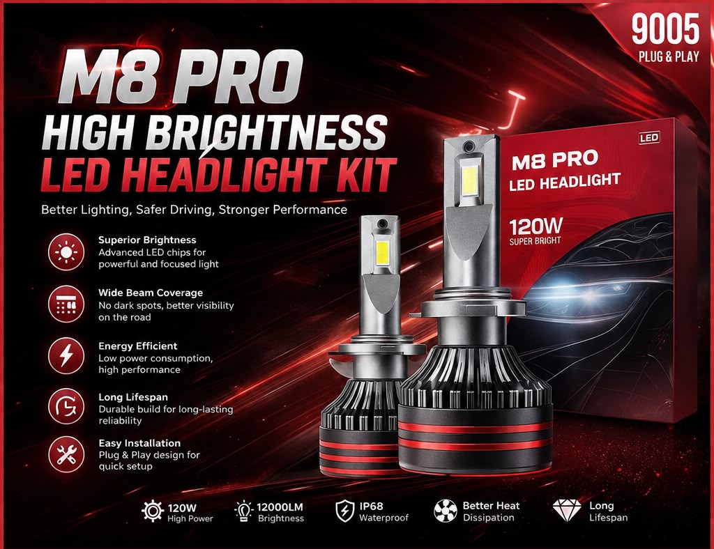 M8 PRO 9005 LED Headlight Bulb Kit 120W 12000LM IP68 Waterproof Super Bright Plug & Play – Pair