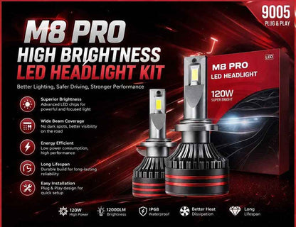 M8 PRO 9005 LED Headlight Bulb Kit 120W 12000LM IP68 Waterproof Super Bright Plug & Play – Pair