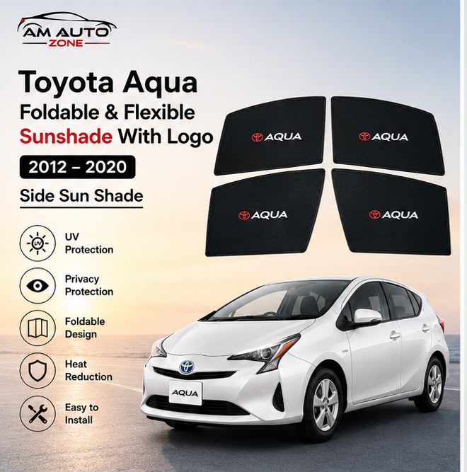 Toyota Aqua Foldable & Flexible Magnetic Side Sun Shades with Logo – Set of 4 | Model Years 2012, 2013, 2014, 2015, 2016, 2017, 2018, 2019 & 2020