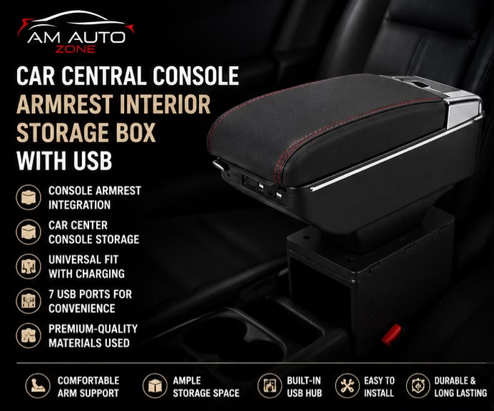 Universal Car Center Console Armrest with 7 USB Ports | Storage Box & PU Leather
