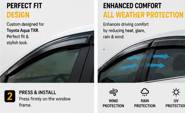 Air Press Sun Visor with Chrome for Toyota Aqua Maximus TXR (2012, 2013, 2014, 2015, 2016, 2017, 2018, 2019, 2020, 2021, 2022
) | 4 PCS Rain Guard Window Deflector