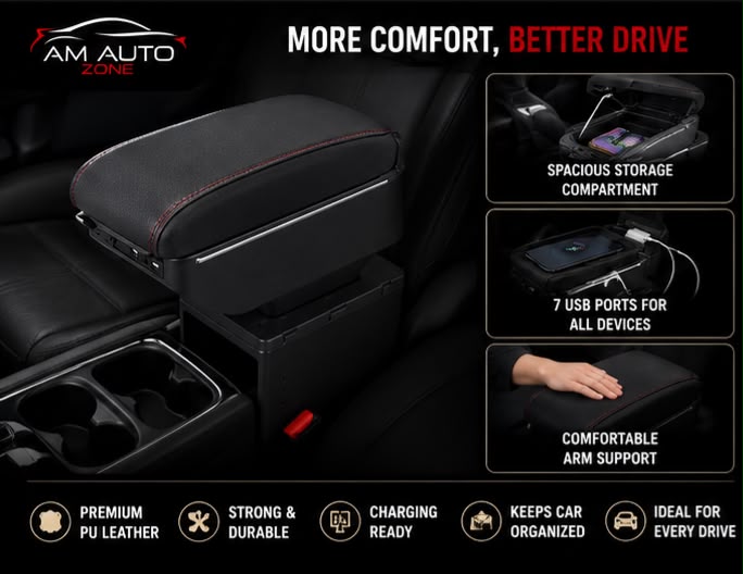 Universal Car Center Console Armrest with 7 USB Ports | Storage Box & PU Leather