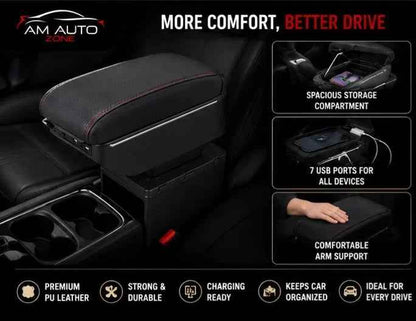 Universal Car Center Console Armrest with 7 USB Ports | Storage Box & PU Leather