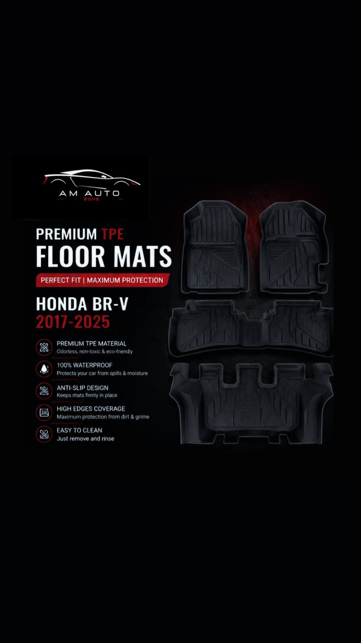 Honda BR-V 2017–2118-2019-2020-2021-2022-2023-2024-2025 Premium TPE Floor Mats | Waterproof All Weather Custom Fit Car Floor Liners