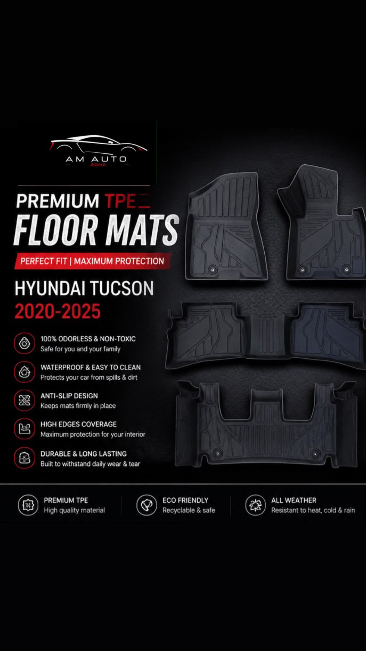 Hyundai Tucson 2020–2021-2022-2023-2024-2025 Premium TPE Floor Mats | Waterproof All Weather Custom Fit Car Floor Liners