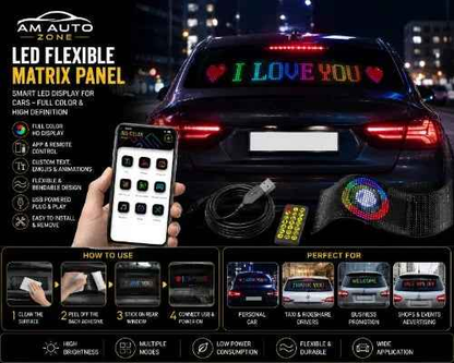 AM Auto Zone LED Flexible Matrix Display Panel – Smart App Controlled RGB Car LED Sign | USB Powered | Full Color HD Display 17.3 × 7.0 cm