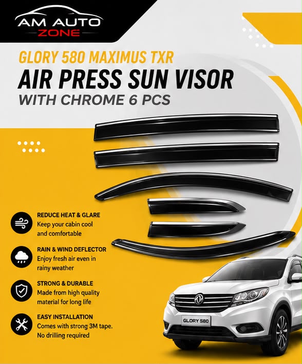 Air Press Sun Visor with Chrome for Glory 580 Maximus TXR 6 PCS | Rain Guard Window Deflector | Wind Deflector | UV Resistant | Easy Installation