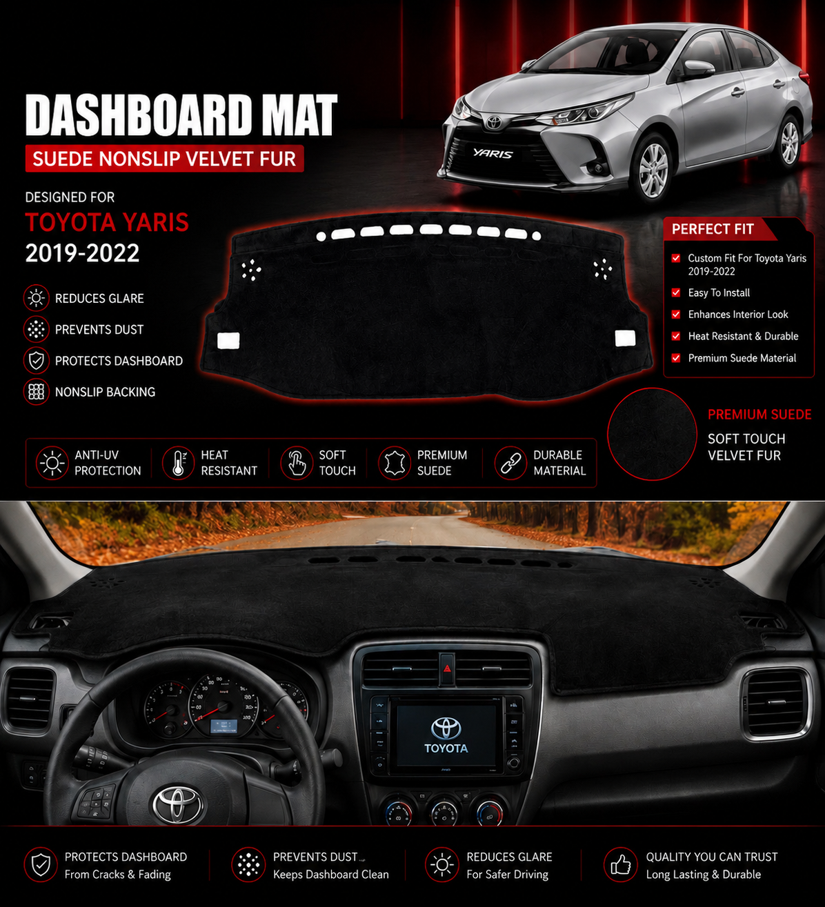 Toyota Yaris Dashboard Mat 2019 2020 2021 2022 | Premium Suede Non-Slip Dashboard Cover | Anti-UV Heat Resistant Dash Protector