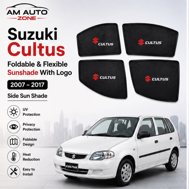 Suzuki Cultus Foldable & Flexible Side Sun Shades with Logo | Set of 4 | 2007–2017