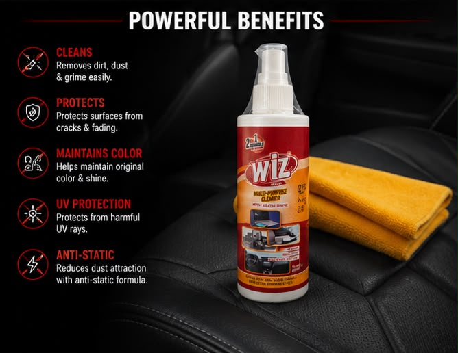 wiz cleaner, multi purpose cleaner, car interior cleaner, dashboard cleaner, dashboard spray, leather cleaner, plastic cleaner, vinyl cleaner, rubber cleaner, car dashboard polish, anti static cleaner, uv protection cleaner, matt shine cleaner, car detail