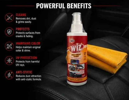 wiz cleaner, multi purpose cleaner, car interior cleaner, dashboard cleaner, dashboard spray, leather cleaner, plastic cleaner, vinyl cleaner, rubber cleaner, car dashboard polish, anti static cleaner, uv protection cleaner, matt shine cleaner, car detail