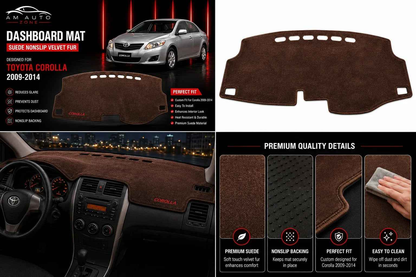 Toyota Corolla dashboard mat in premium brown suede for 2009-2014 models, enhancing interior protection and aesthetics.