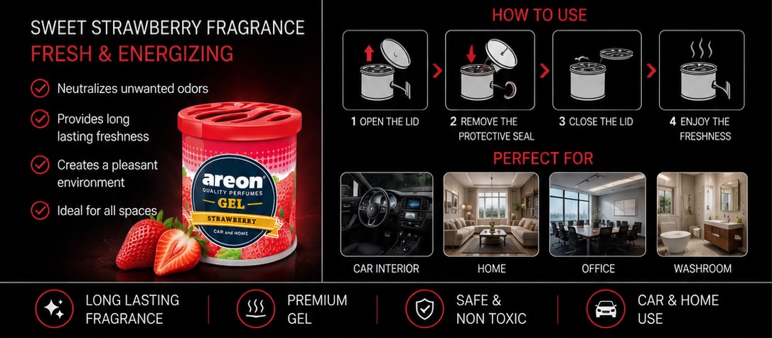 Areon Gel Strawberry Car & Home Air Freshener | Long Lasting Premium Gel Fragrance