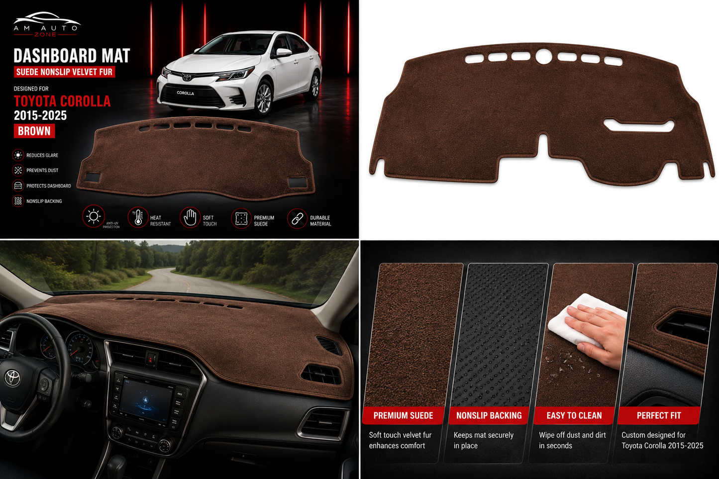 Brown Dashboard Mat for Toyota Corolla 2015, 2016, 2017, 2018, 2019, 2020, 2021, 2022, 2023, 2024 & 2025 | Premium Suede Non-Slip Dashboard Cover | Heat Resistant Anti-Glare Dash Mat | AM Auto Zone