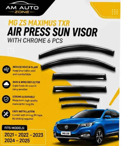 Premium Air Press Sun Visor with Chrome 6PCS for MG ZS Maximus TXR 2021 2022 2023 2024 2025 | Smoke Window Rain Wind Deflectors