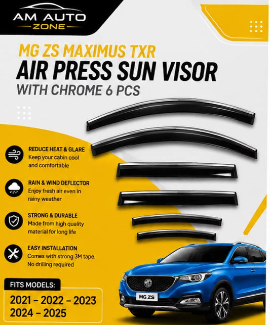 Premium Air Press Sun Visor with Chrome 6PCS for MG ZS Maximus TXR 2021 2022 2023 2024 2025 | Smoke Window Rain Wind Deflectors