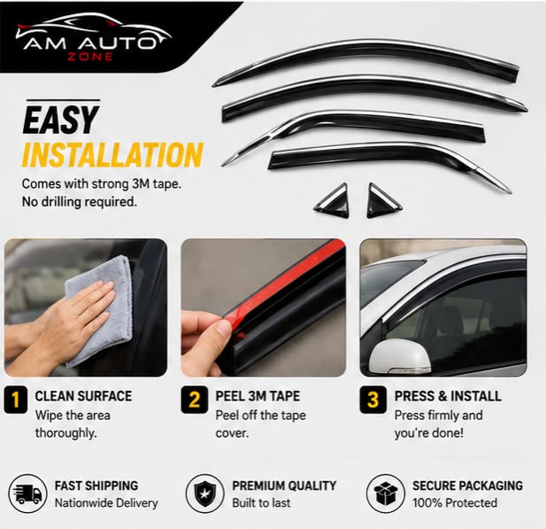 KIA Picanto Maximus TXR Air Press Sun Visor with Chrome 4PCS | Window Wind Deflectors | KIA Picanto 2018 2019 2020 2021 2022 2023 2024 2025 | AM Auto Zone
