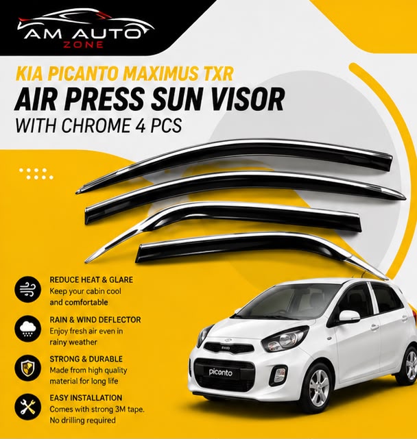 KIA Picanto Maximus TXR Air Press Sun Visor with Chrome 4PCS | Window Wind Deflectors | KIA Picanto 2018 2019 2020 2021 2022 2023 2024 2025 | AM Auto Zone