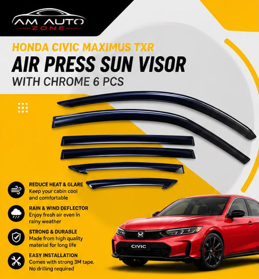 Honda Civic 2022 2023 2024 2025 2026 Maximus TXR Air Press Sun Visor with Chrome 6PCS | Window Wind Deflectors | AM Auto Zone