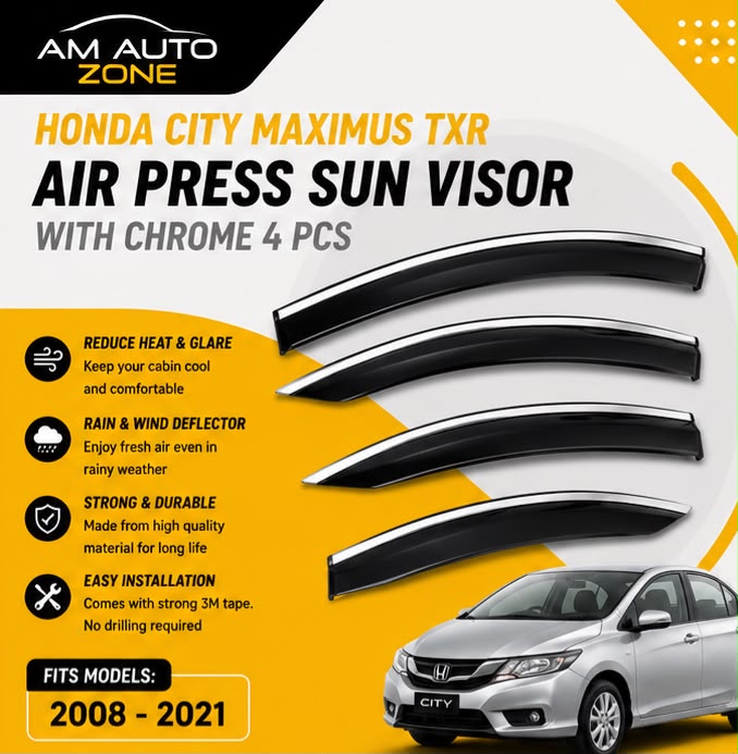 Air Press Sun Visor with Chrome for Honda City Maximus TXR 2008 2009 2010 2011 2012 2013 2014 2015 2016 2017 2018 2019 2020 2021 | 4 PCS Rain Guard Window Deflector