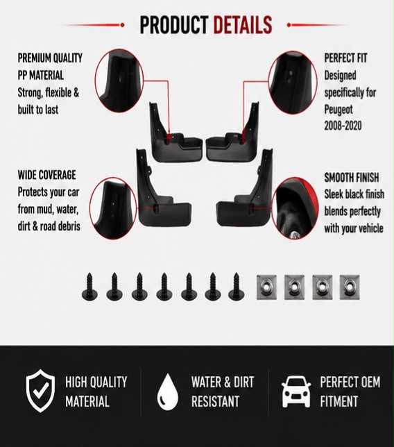 PEUGEOT  Mud Flaps Set 2008 to 2020 | Front & Rear Splash Guards