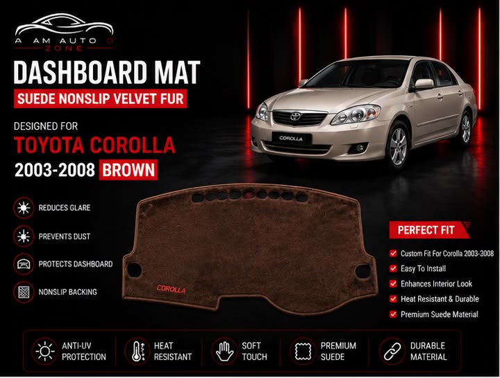 Brown Dashboard Mat for Toyota Corolla 2003, 2004, 2005, 2006, 2007 & 2008 | Premium Suede Non-Slip Dashboard Cover | Heat Resistant Anti-Glare Dash Mat | AM Auto Zone