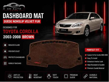 Brown Dashboard Mat for Toyota Corolla 2003, 2004, 2005, 2006, 2007 & 2008 | Premium Suede Non-Slip Dashboard Cover | Heat Resistant Anti-Glare Dash Mat | AM Auto Zone